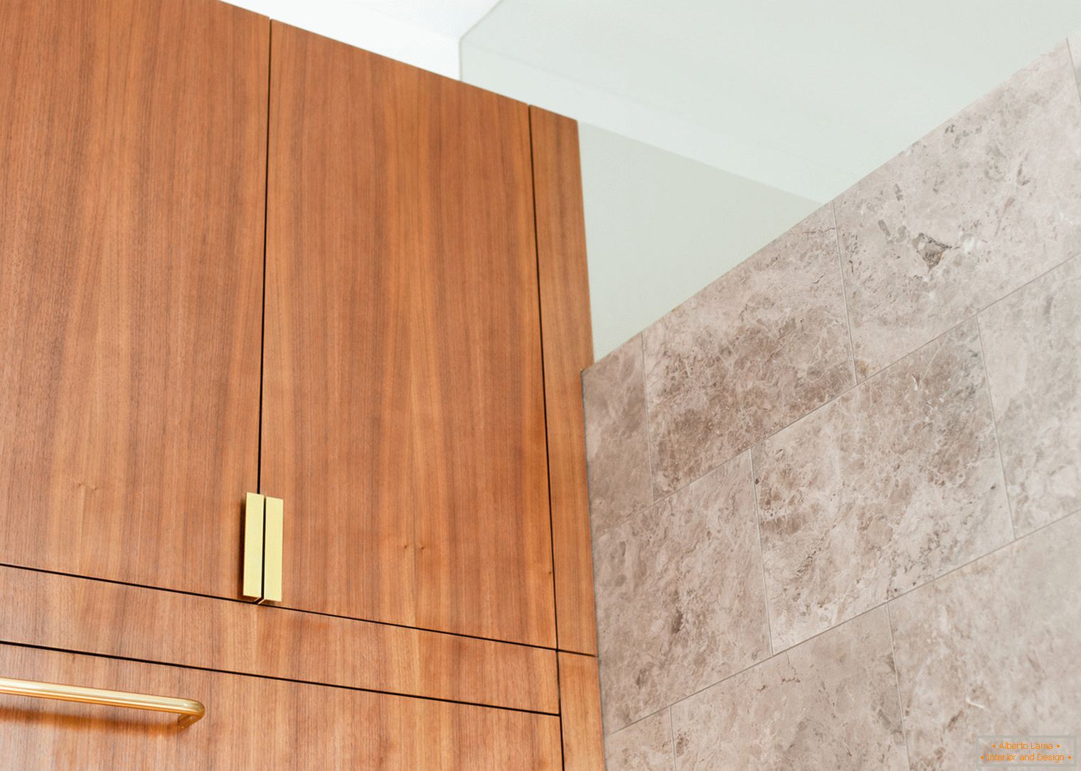 Marble tiles on the walls of a compact apartment