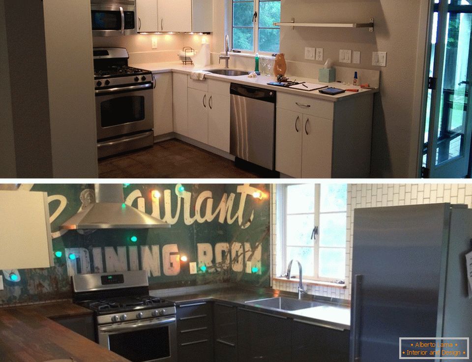 Interior of a small kitchen before and after repair