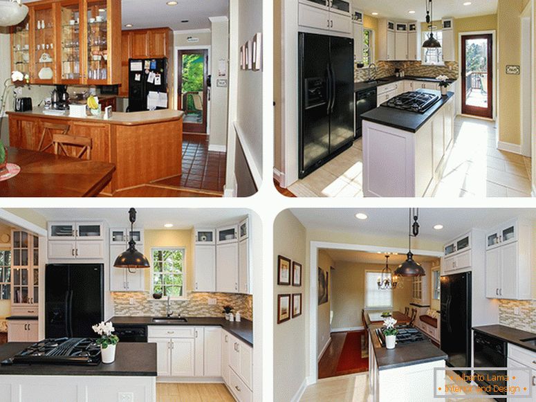 Interior of a small kitchen before and after redevelopment