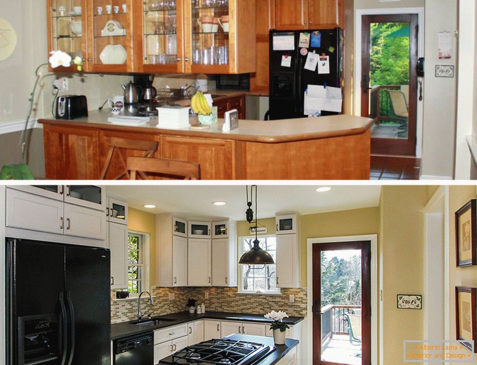 Interior of a small kitchen before and after repair