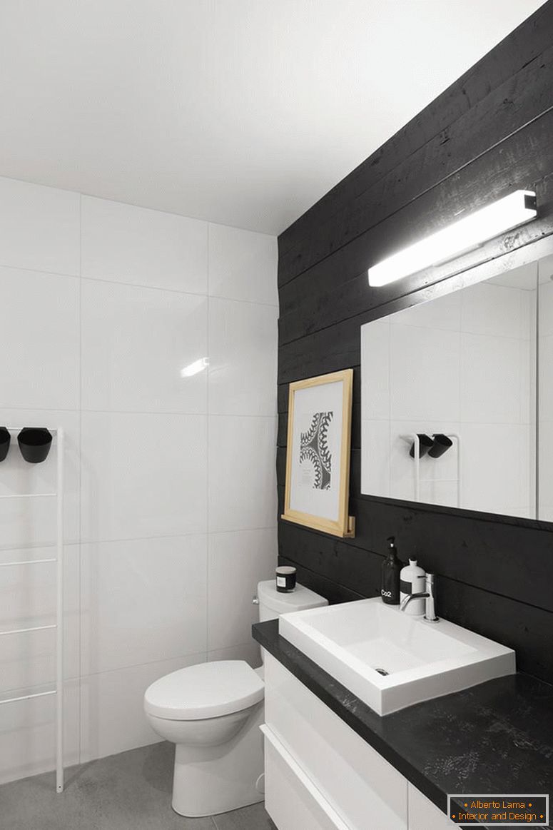 Interior of a small bathroom in black and white