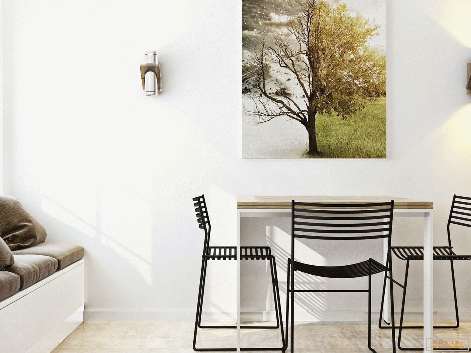 Corner for breakfast in the interior white minimalism