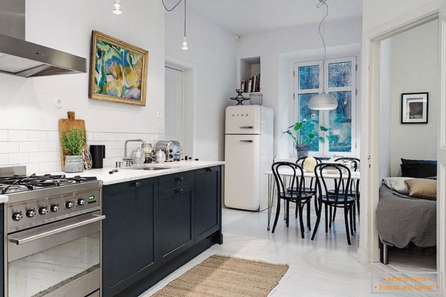 Artificial lighting in the interior of a small kitchen