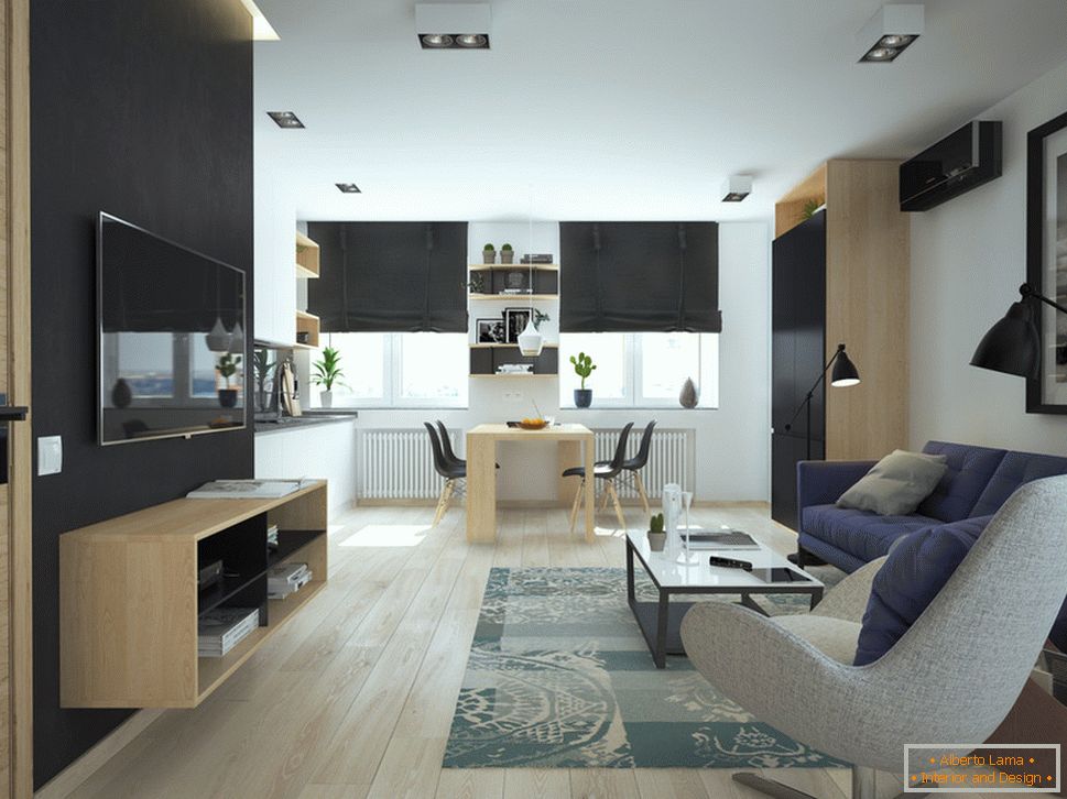Interior of a small apartment in contrasting colors - гостиная и столовая