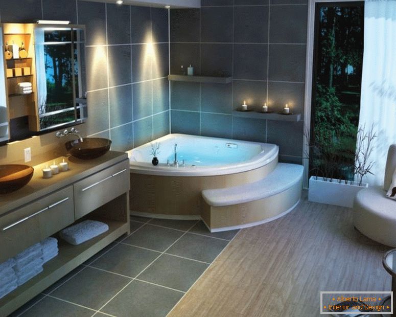 amazing-decorating-ideas-for-exciting-bathrooms-inspiring-designer-interior-post-modern-style-astounding-white-acrylic-corner-bathtubs-near-nice-white-fabric-sliding-curtains-windows-as-well-as-bathro