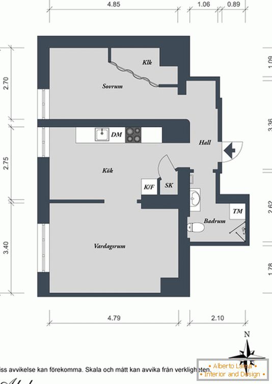 Plan of a one-bedroom apartment in Sweden