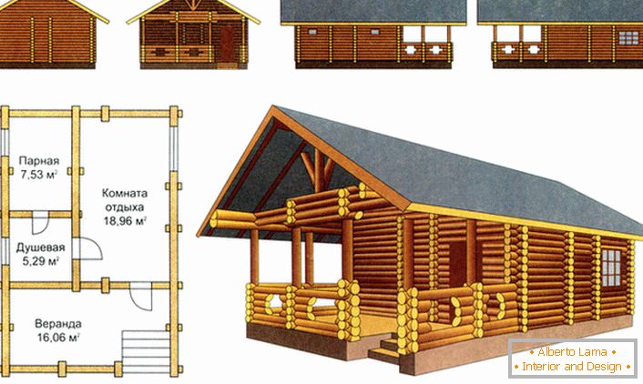 An interesting project of a log cabin of a bath with a pergola under one roof.