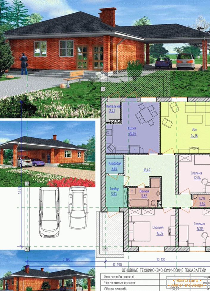 4-room one-storey apartment house made of bricks. The total area is 121 sq.m.