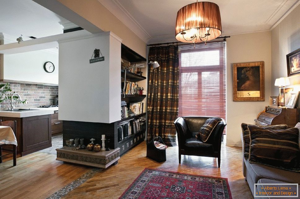 Interior of a small living room with dark accents