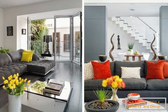 Gray-blue color in the interior of the living room with a bright decor