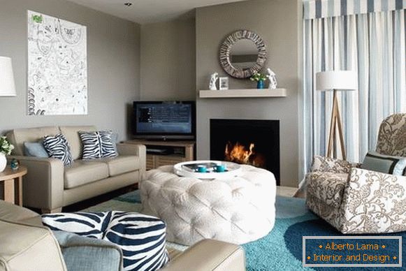 Beautiful gray beige color in the interior of the living room in the photo