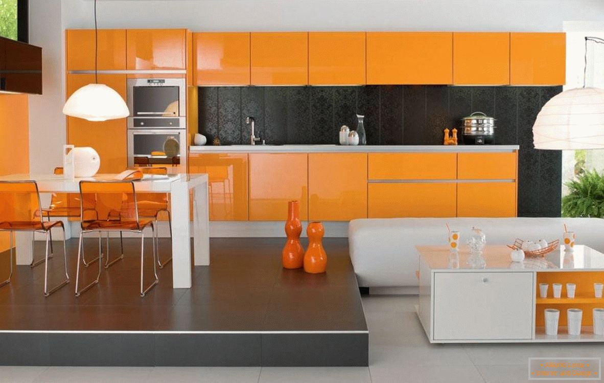Black set in orange kitchen