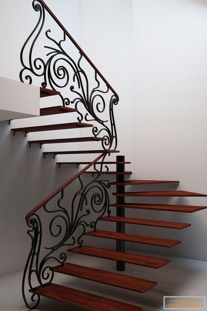 The original ladder with smooth lines of wrought iron for a country house.