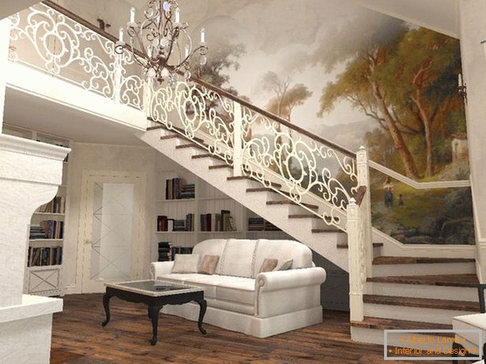 The striking harmony of the elegant staircase and the interior of the house in the Mediterranean style.