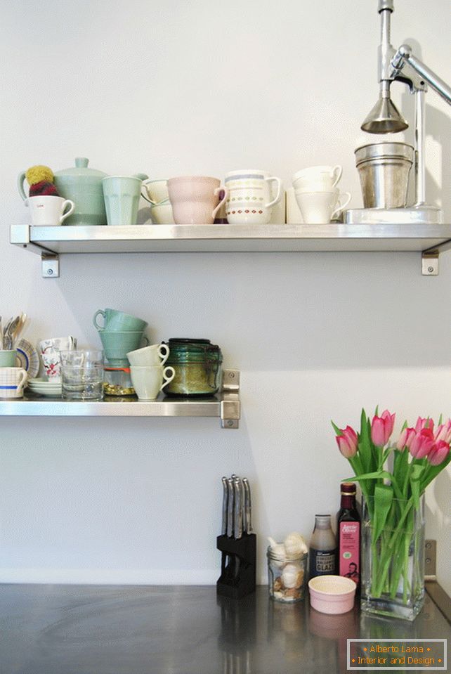 Open shelves in a small kitchen