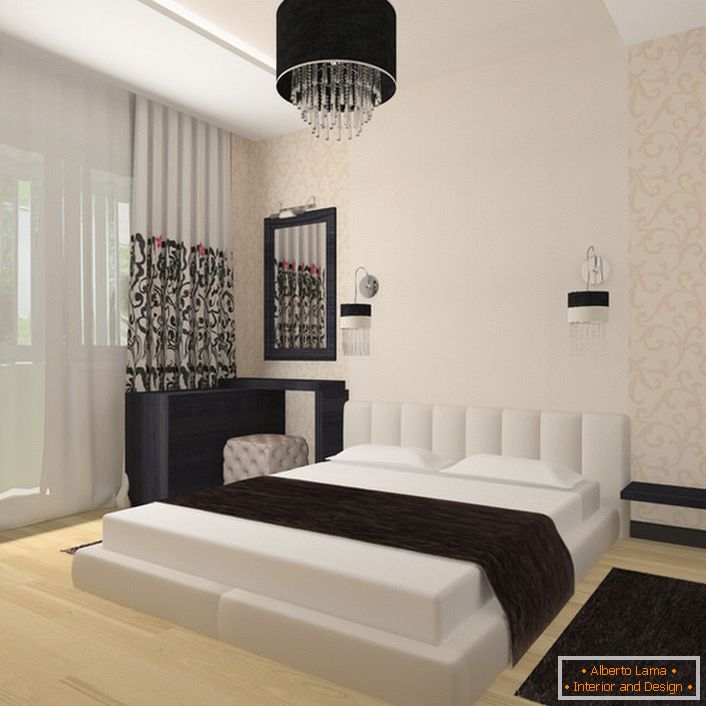 An excellent example of the fact that the design of the bedroom in the Art Nouveau style should not be cumbersome and overloaded with small things. A spacious room with a minimum number of decorative elements looks worthy in a complete form.