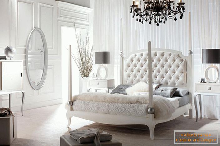 Luxurious, stylish bedroom in Art Nouveau style with correctly selected lighting. Insufficient artificial lighting creates a romantic twilight in the room.