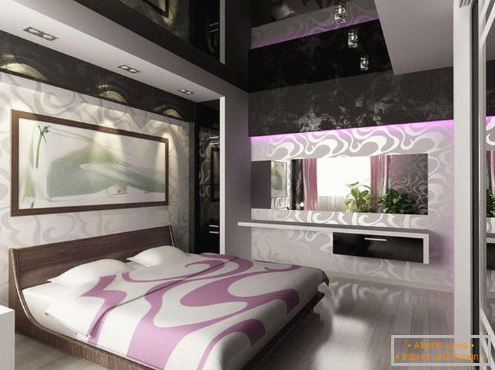 In the bedroom in the Art Nouveau style stretch ceilings of black color look great. The lighting from spotlights is also correctly selected.