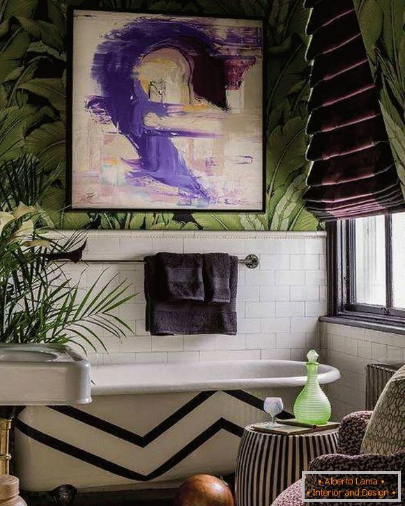 A combination of green wallpaper for walls and purple curtains