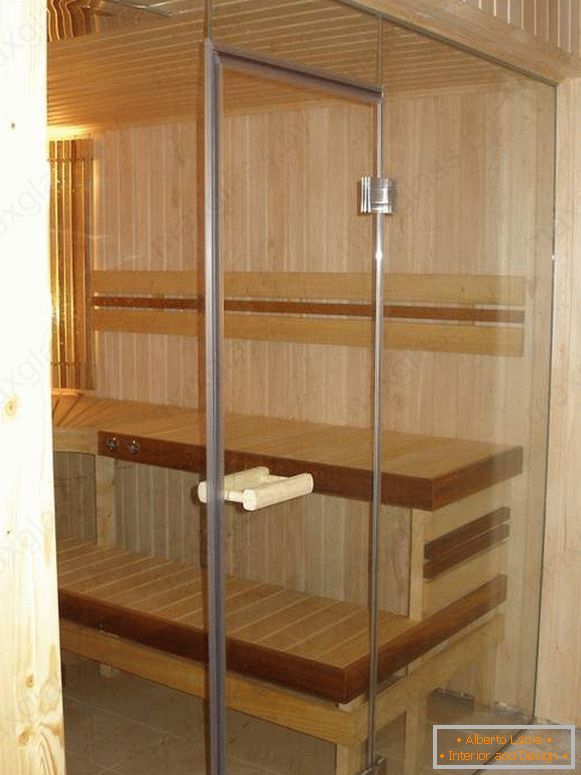 Glass fences and doors for sauna and bath with wooden handle