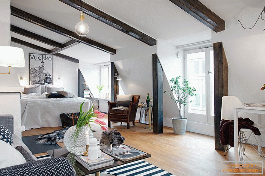 Interior design of a cozy attic in a Swedish city