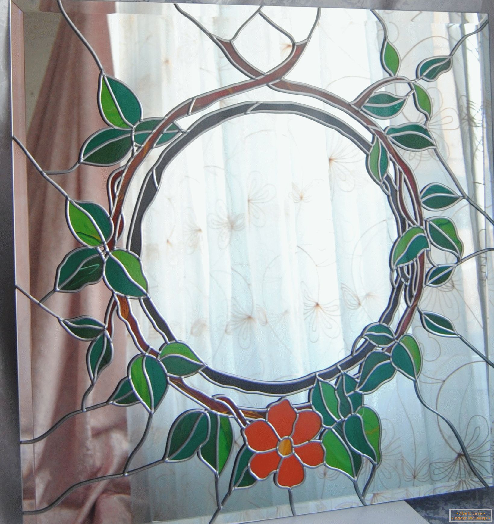 Flower and leaves on glass