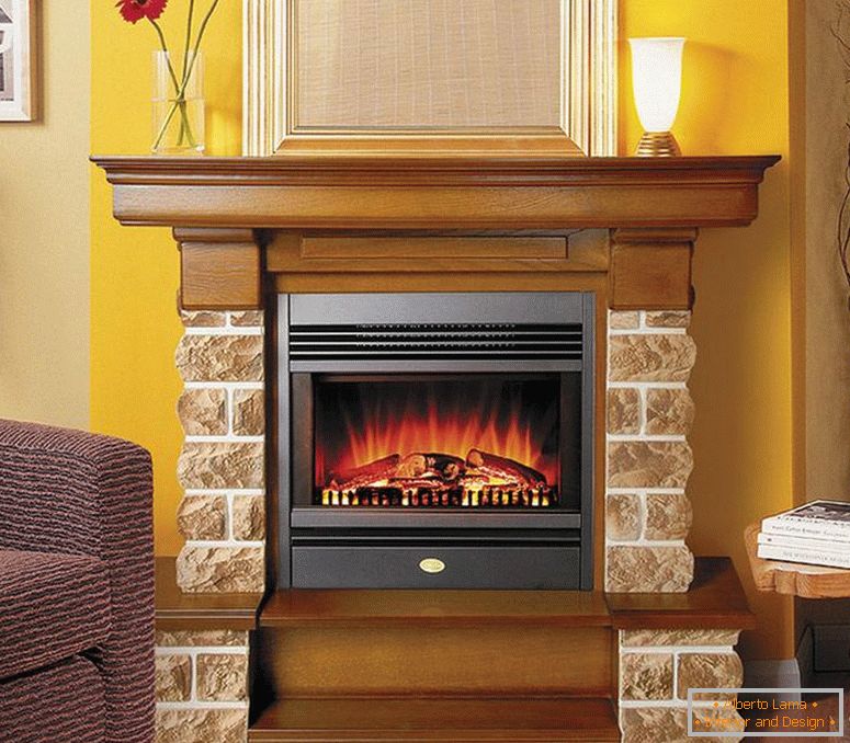 A stylish gas fireplace made of bricks with fire simulation. Also interesting are elements made of wood that can be used as shelves. 