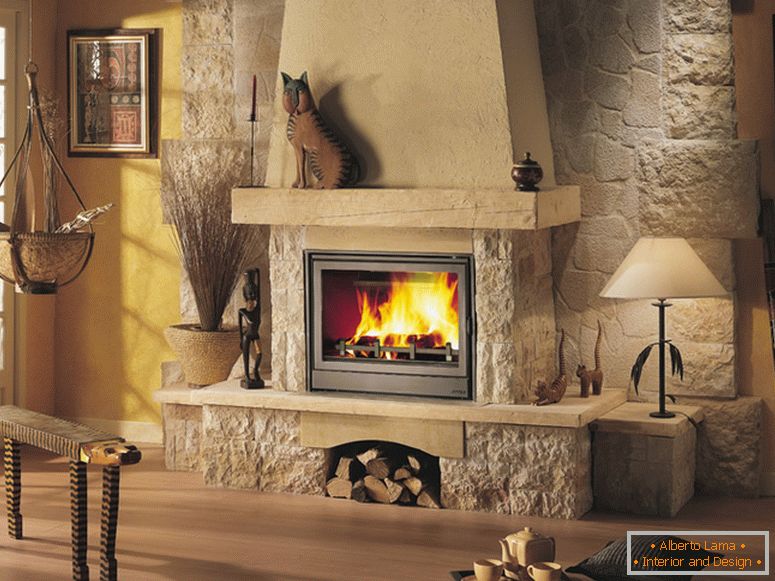 An elegant fireplace in a rough brick finish looks perfect in the country-style living room.