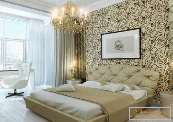 Luxurious chandelier in a neutral bedroom