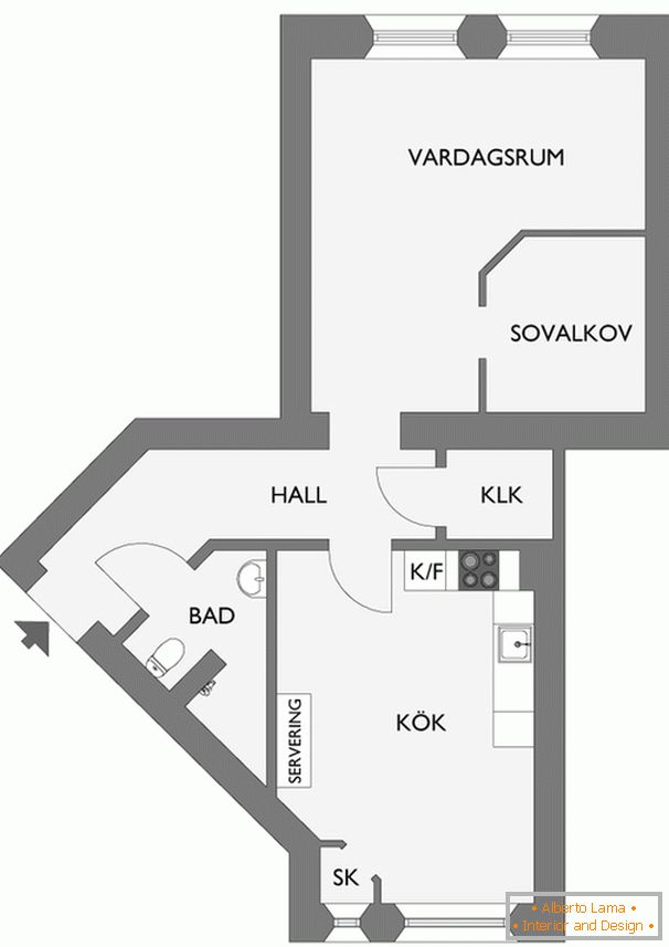 Layout of an apartment with a small bedroom