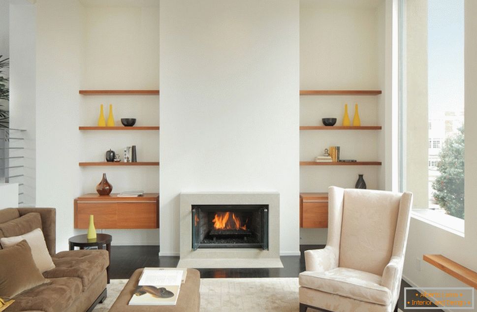 Interior of living room with fireplace in a small apartment