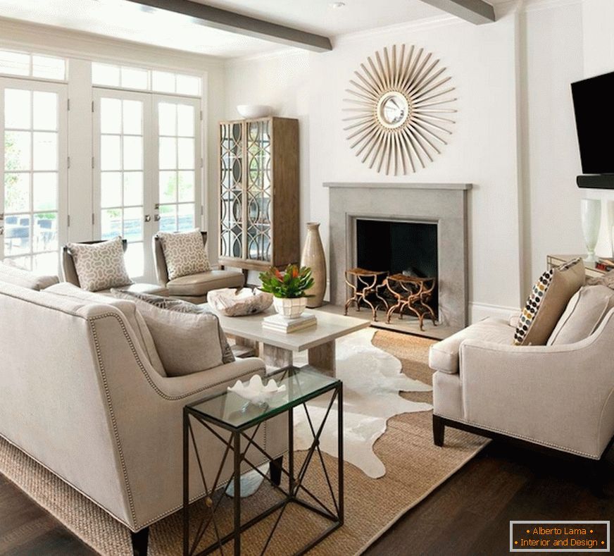 Interior of living room with fireplace in a small apartment