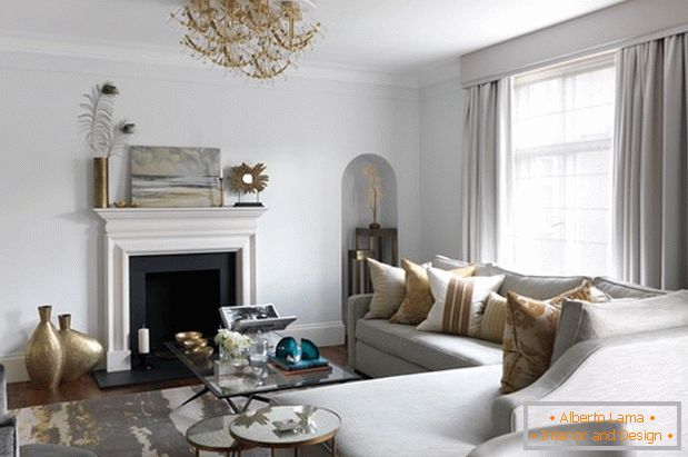 Living room with fireplace в белых тонах