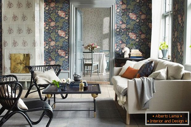 Modern living room with floral wallpaper