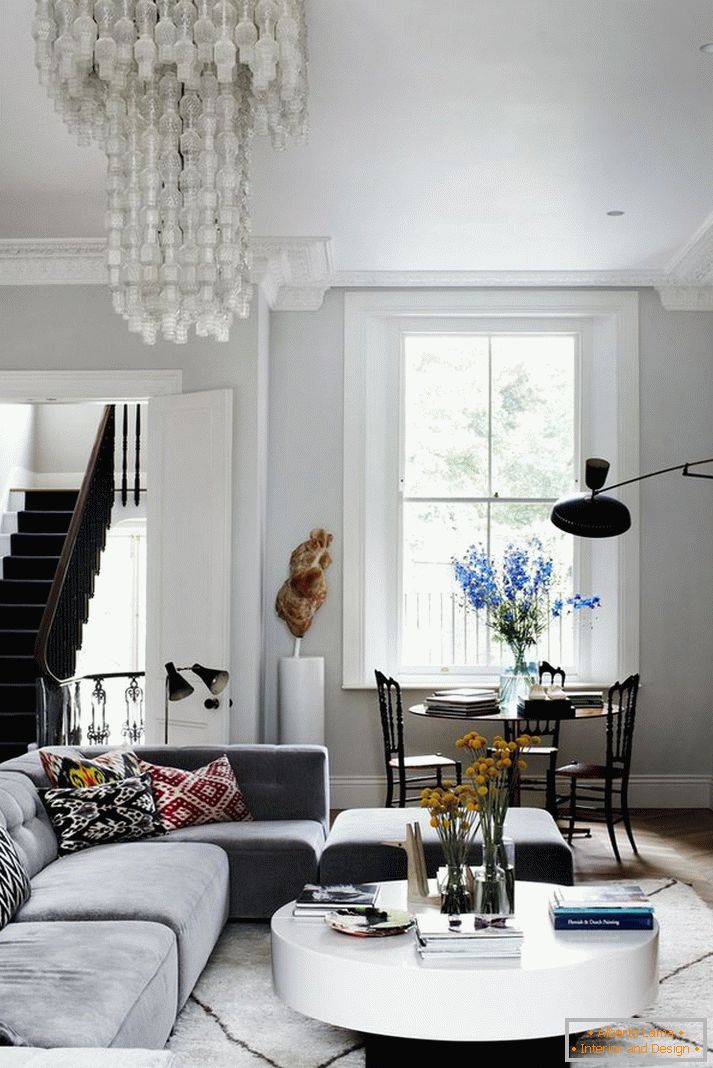 Modern living room with an unusual chandelier