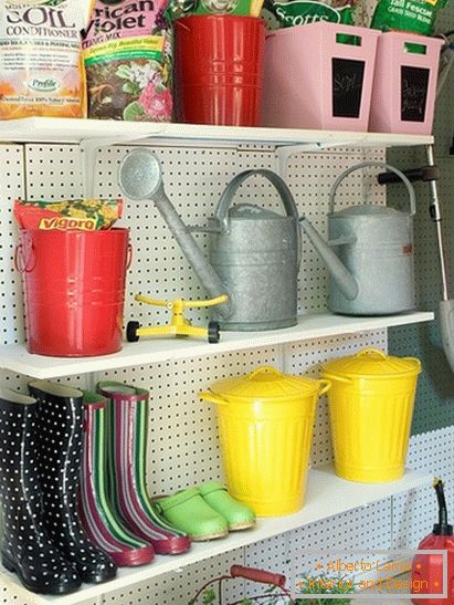 Storage shelves with items for garden work