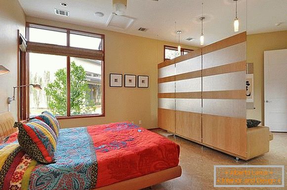 Wooden decorative partition in the bedroom
