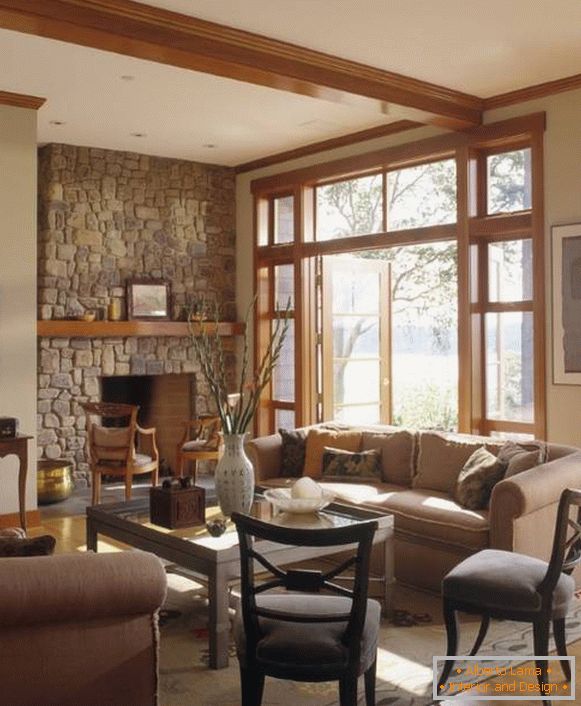 Design of the window in the living room - photo of balcony and windows made of wood