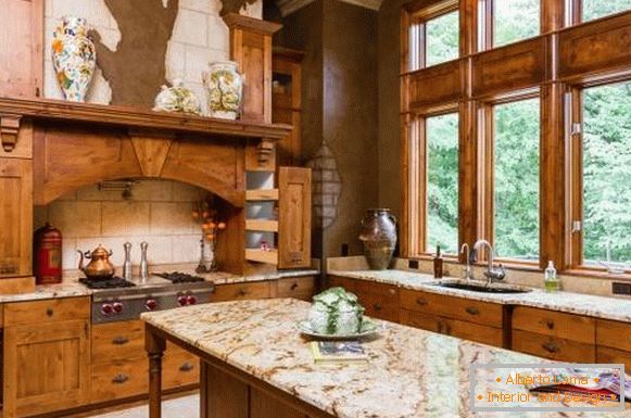 Window design in the kitchen - photo of wooden windows