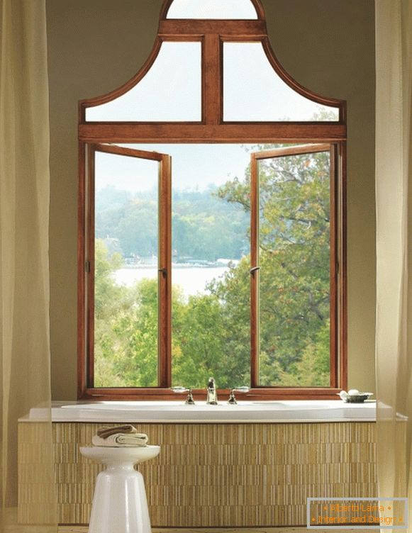 Unusual wooden window in the bathroom