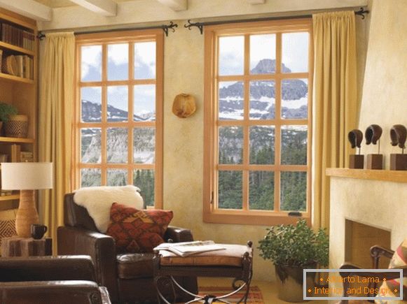 Design of a window in the living room - photo of wooden windows