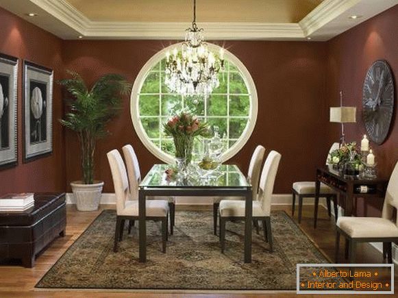 Round window in the dining room interior