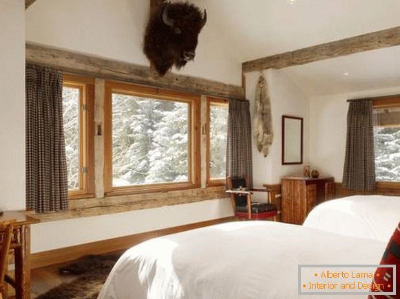 Wooden windows in the bedroom in Scandinavian style