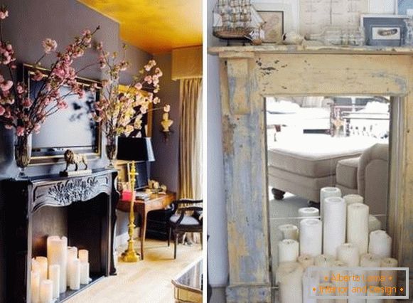 Fireplace in the interior of the apartment with candles inside