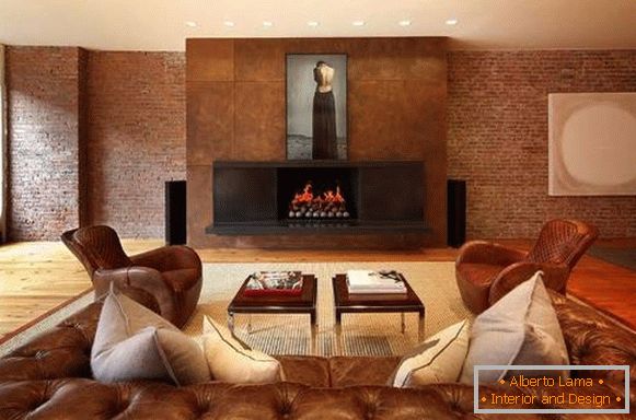Living room with fireplace in apartment in loft style