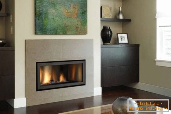 Modern design of the hall with a fireplace in the apartment - photo