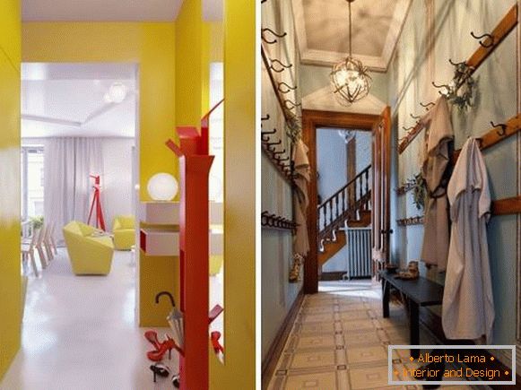 Unusual furniture, hangers and wallpaper for a narrow corridor