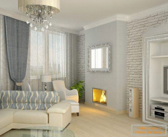 Classic design of the hall with a fireplace in a private house