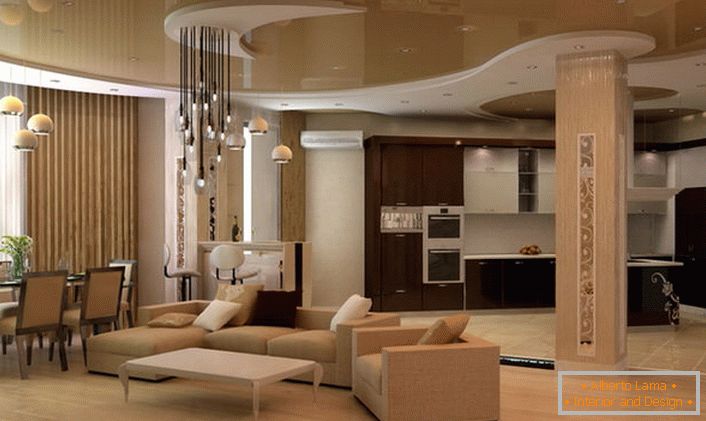 An interesting lighting option for the living room in the modern style. A characteristic feature of interiors in modern style are glossy surfaces, for example, a two-tier ceiling.