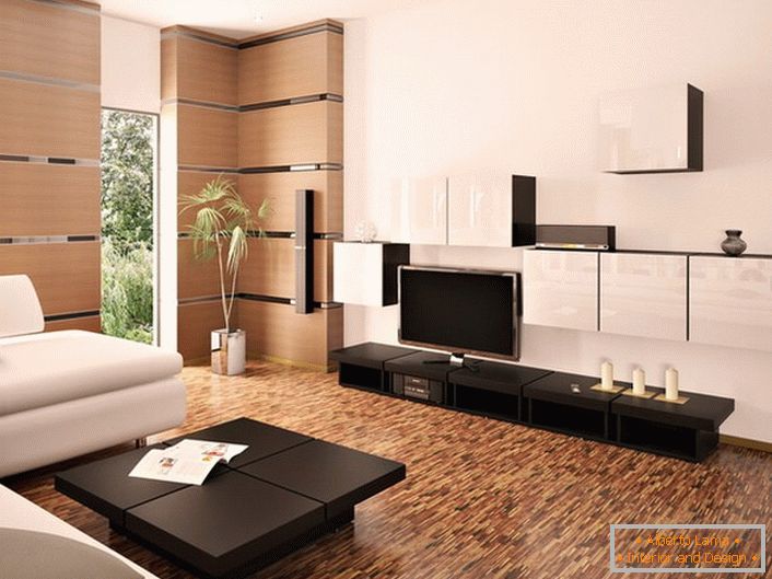 Stylish modern room in white and light beige color is decorated with dark wood furniture.